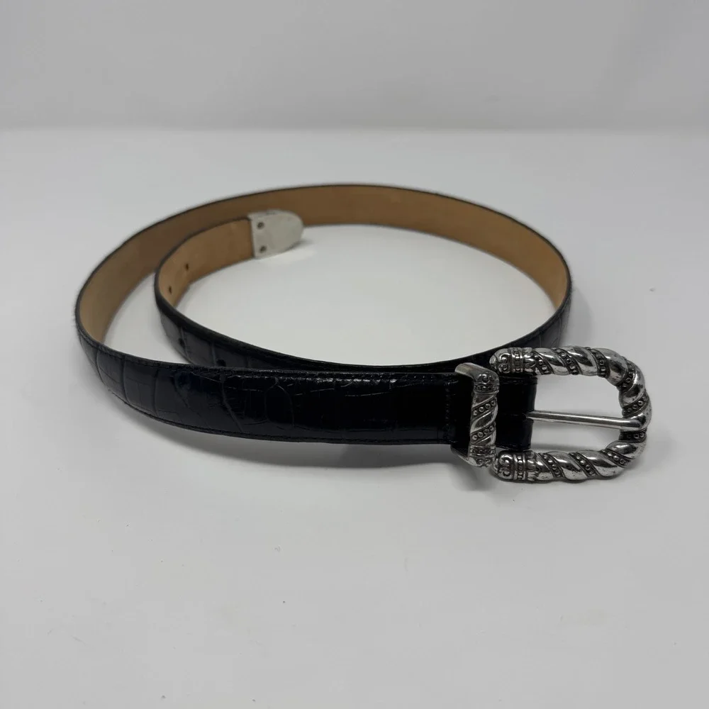 Vintage Brighton 44503 Leather Black Croc Embossed Silver Buckle‎ Belt Women's L